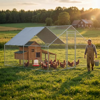 Large Chicken Coop Metal Walk-in Run 10.1' x 13' x 6.6', Heavy Duty Galvanized Steel Cage with Waterproof Cover, Secure Lock, Outdoor Pen Enclosure for Hens, Ducks, Rabbits