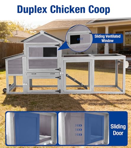 Chicken Coop with Run Mobile Large Chicken Coop with Wheels Duplex Chicken Cage with Slide-Out Tray Waterproof Roof Outdoor Backyard Hen House Grey - color: Grey