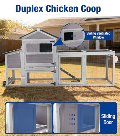 Chicken Coop with Run Mobile Large Chicken Coop with Wheels Duplex Chicken Cage with Slide-Out Tray Waterproof Roof Outdoor Backyard Hen House Grey - color: Grey
