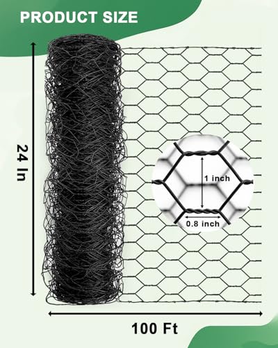 Vensovo Black PVC Coated Chicken Wire, 24in x 100ft Poultry Netting Roll, 1 inch Hex Mesh Garden Fence for Chicken Coop, Rabbit Pen, Yard - size: 24 inchx100 Ft