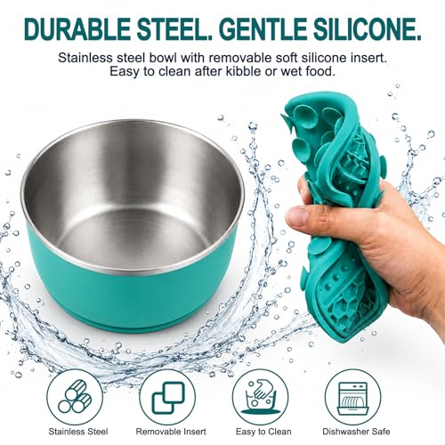Large Dog Bowl 8 Cups Stainless Steel with Slow Feeder Insert and Lick Mat Storage Lid, 3-in-1 Non-Slip Pet Bowl for Kibble, Wet Food,Travel