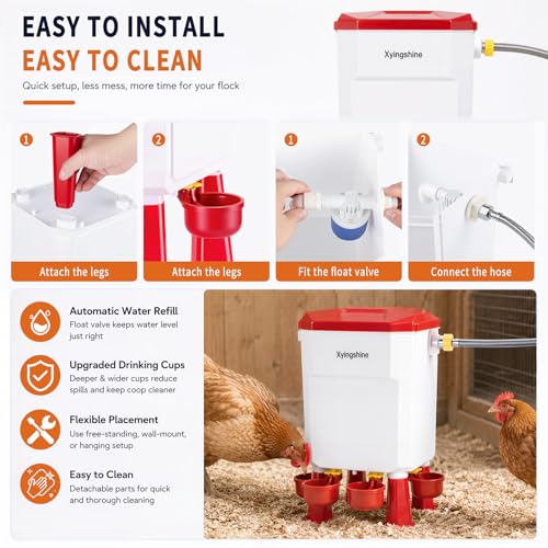 Automatic Chicken Waterer, 2 Gallon Float Poultry Drinker for Continuous Fresh Water, Standalone or Hanging Coop Drinker with 60" Hose & Cleaning Kit for Chickens, Ducks, Quail & Turkeys