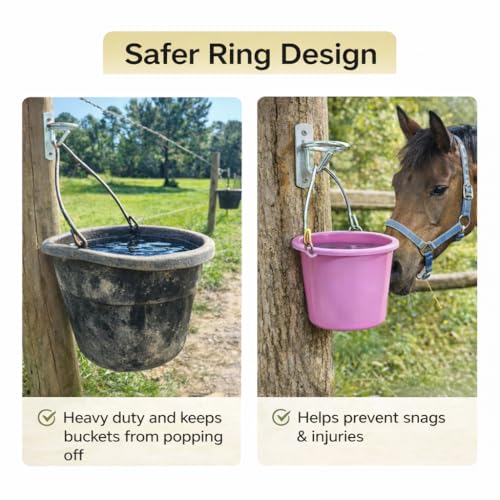 Horse Stall Bucket Hooks, Heavy Duty Metal Ring Bucket Hangers with J-Hook, Wall Mounted Water Feed Bucket Holder for Barn, Stable & Fence, Includes Screws, 2-Pack