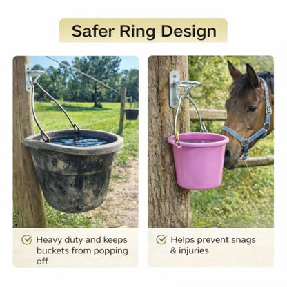Horse Stall Bucket Hooks, Heavy Duty Metal Ring Bucket Hangers with J-Hook, Wall Mounted Water Feed Bucket Holder for Barn, Stable & Fence, Includes Screws, 2-Pack