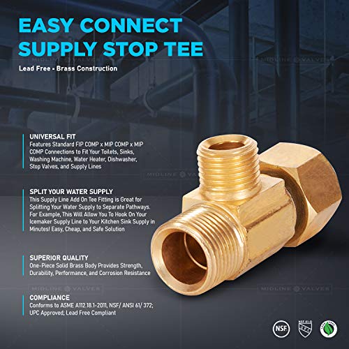 Midline Valve 73314-OM Add On Tee Fitting, Split Supply Line Outlet; No Lead; 3/8 in. FIP COMP x MIP x 1/4 in. MIP; Brass