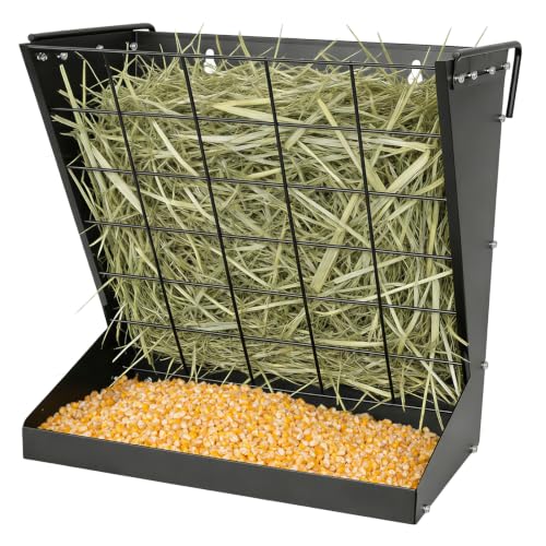 2 in 1 Wall Mount Hay and Grain Feeder,Livestock Feeder | Galvanized Steel Hay Feeder Rack,Large Capacity,For Goats/Sheep, Horses, Cattle,Barn Farm Pens