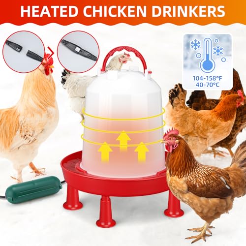 3 Pcs 1.6 Gallon 6l Heated Chicken Waterer Kit, Large Poultry Drinker with Auto-Thermostat Base, All-Season Water Heater Set with Waterproof Extension Cord Cover for Coop Garden Use - size: 1.6 Gallon