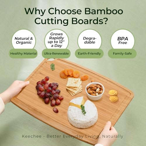 Keechee Dishwasher Safe Bamboo Cutting Boards 15.4x11.7in Heat-Resistant Chopping & Charcuterie Board with Juice Groove, Durable Lightweight Kitchen Essentials for Meat, Vegetables, Easy Clean - size: 15.4"L x 11.7"W