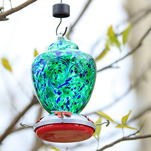 REZIPO Hummingbird Feeder with Perch - Hand Blown Glass - Green(Firework) - 38 Fluid Ounces Hummingbird Nectar Capacity Include Hanging Wires and Moat Hook, blue/Green - color: Blue/Green