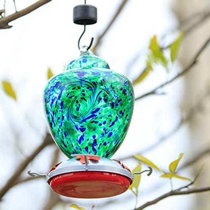 REZIPO Hummingbird Feeder with Perch - Hand Blown Glass - Green(Firework) - 38 Fluid Ounces Hummingbird Nectar Capacity Include Hanging Wires and Moat Hook, blue/Green - color: Blue/Green