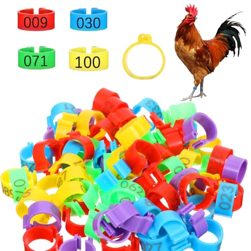 100 Pcs Adjustable Chicken Leg Bands, 16mm Chicken Identification Band, Color-Coded Leg Bands for Chickens, Clip-On Round Numbered Poultry Legs Tags for Chickens & Farmers Easy Flock Management