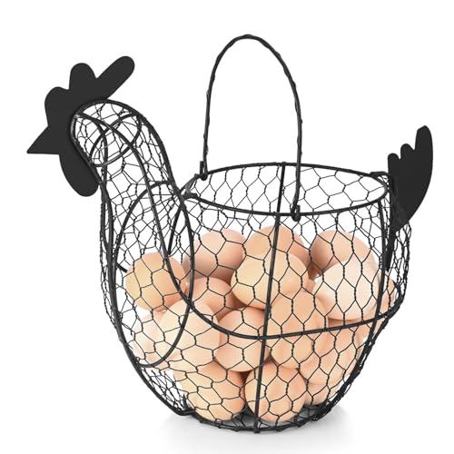 Flexzion Egg Basket for Gathering Fresh Eggs, Black Wire Chicken Egg Collecting Basket Countertop, 24-Egg Metal Holder with Handle, Chicken Shaped Basket for Farmhouse Kitchen Decor