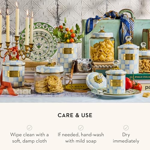 MACKENZIE-CHILDS Enamel Canister, Kitchen Storage Container with Lid, Demi, 24-Ounce Capacity, Light-Blue-and-White Sky Check - color: Sky Check