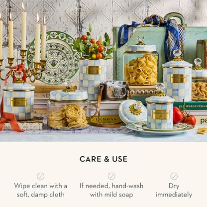 MACKENZIE-CHILDS Enamel Canister, Kitchen Storage Container with Lid, Demi, 24-Ounce Capacity, Light-Blue-and-White Sky Check - color: Sky Check