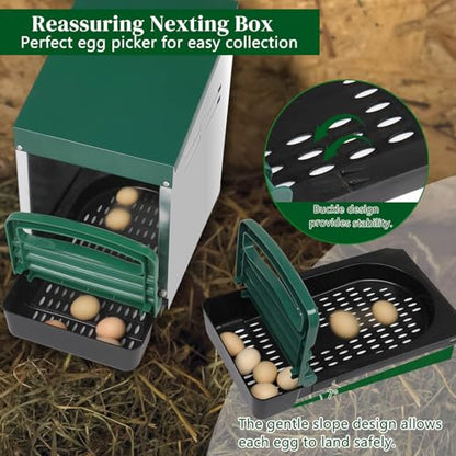 Chicken Nesting Boxes with Rollout Egg Collection and Protection Tray, 1 Compartment Hen Roosting Boxes, Easy to Clean and Ventilate, Steel & Plastic, Heavy Duty Laying Box with Perch Cover, Green - size: 20.5x10.6x18.5in