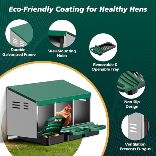 Nesting Boxes for Chickens, Roll Away Nesting Box for Laying Hens, Metal Rollout Chicken Nest Box with Egg Collection Drawer & Protective Lid, Wall Mount Chicken Coop Nest Box, 3 Compartments - color: Green