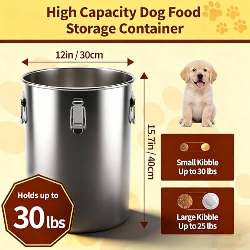 304 Stainless Steel Dog Food Storage Container, 25LB/30LB Airtight Pet Food Container with Locking Lid & Silicone Seal, Large Metal Food Storage Bin for Dry Dog/Cat Food, Rice, Flour (25 LBS) - size: 25 LBS
