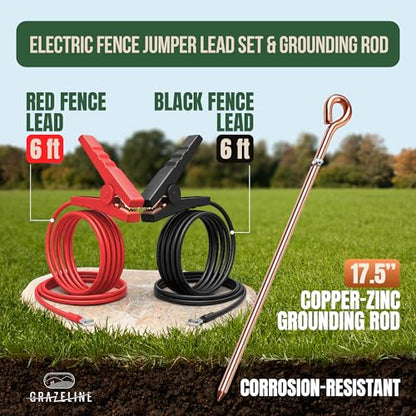 Electric Fence Jumper Leads with Alligator Clips 6.6ft - 10,000V Rated Tinned Copper Wire Connectors with Premium TPU Insulated Cables for Fence Energizer, Solar Charger - 1 Set + Grounding Rod - size: 1 Set (Red + Black Leads) + 1 Grounding Rod