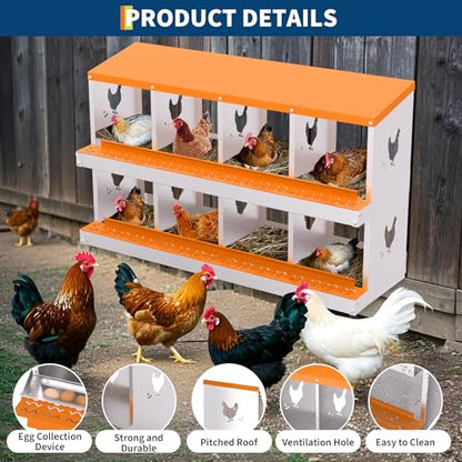 Chicken Nesting Box,8 Holes Galvanized Steel Metal Chicken Laying Box with Automatic Roll-Away Egg Collection System & Removable Tray,Wall Mount Nesting Boxes - color: Orange, size: 8 Holes