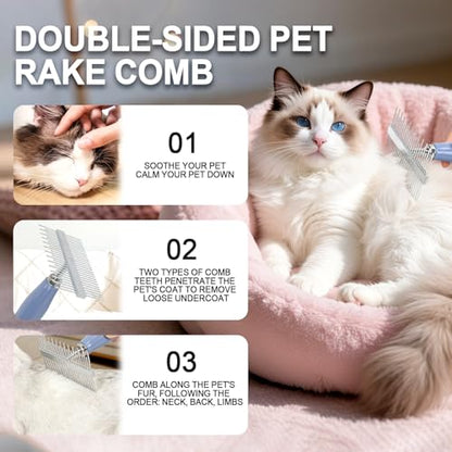 Blue Pet Double-Sided Row Undercoat Rake Comb with Handle Dog Dematting Comb for Shedding Fine Tooth Comb Pet Grooming Tool for Long-Haired Dogs Cats Gentle Remove Loose Hair Knots Tangles
