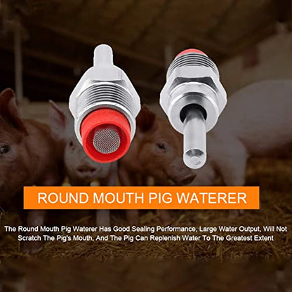 5 Pieces Automatic Pig Waterers Thread Stainless Steel Pig Waterer Nipple Fountains Drinkers with Red Hat Long Rod Water Trough for Sows Piglets Drinking Water