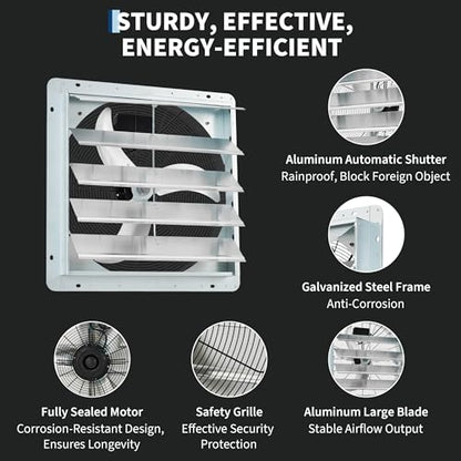20" Shutter Exhaust Fan with Variable Speed Controller - 4000 CFM Wall Mounted Ventilation Fan, EC Brushless Motor, Heavy-Duty Steel, Low Noise for Garage Attic Greenhouse Workshop