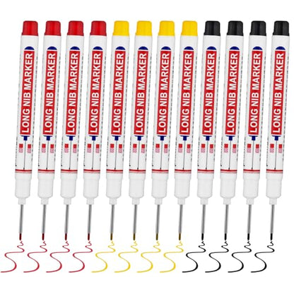12 PCS Long Head Deep Hole Marker Pens,20mm Long Nib Marker,Longs Nose Markers,Waterproof Construction Markers Marking Tool,Permanent Markers Carpenter Ink marker Pens,Metal marking Pen,3 - color: 12PCS-20MM-Red/Yellow/Black