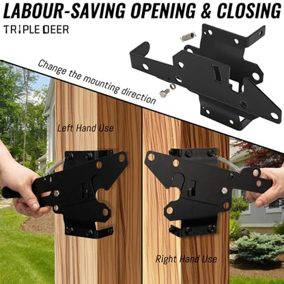 TRIPLE DEER Self-Locking Fence Gate Latch, Heavy Duty Vinyl Post Mount Automatic Self-Closing Wooden Gate Hardware, Gravity Lever Door Latches Hardware for Secure Pool/Yard/Garden Outdoor, Black