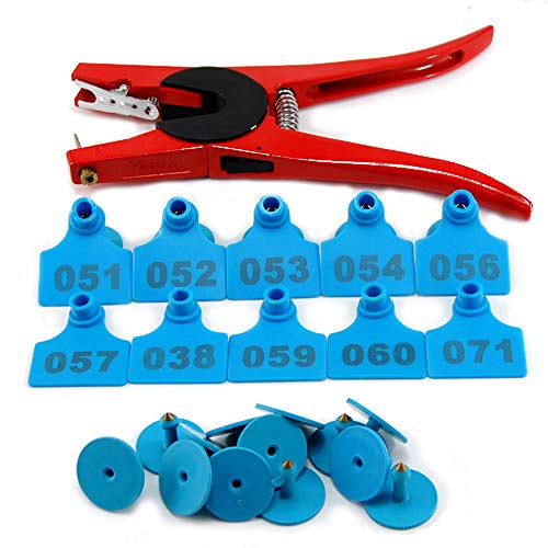 100 Sets Numbered Plastic Livestock Ear Tags for Cattle Pigs Calf Hogs Goat Animal Identification TPU Earring Tagger with 1 pcs Pliers Applicator, Blue
