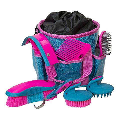 Weaver Equine Horse Grooming Kit, 7-Piece Horse Brush Set with Organizer Tote Bag, Hoof Pick, Comb, Sweat Scraper, Equine Tools for Daily Grooming, Blue Glitter - color: Blue Glitter