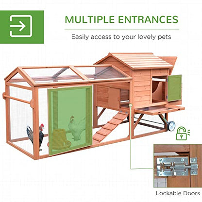 PawHut 96.5" Chicken Coop Wooden Hen House Poultry Cage Pen Portable with Wheels and Nesting Box, Chicken Cage for Backyard Outdoor, Natural - color: Brown