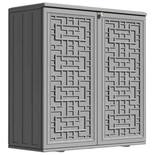 ZZM HDPE Outdoor Storage Shed, Outdoor Plastic Storage Cabinet, Horizontal Resin Tool Shed for Garden, All Weather Outdoor Storage Clearance, DIY Usage, with one Shelf (Gray) - color: Gray