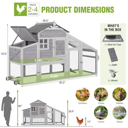 GUTINNEEN Chicken Coop with Wheels for 2-4 Chickens, Large Wooden Outdoor Hen House with Run, Waterproof & UV-Resistant Roof, Removable Leakproof Tray and Divided Nesting Box– Grey - color: (Grey-AIR32)