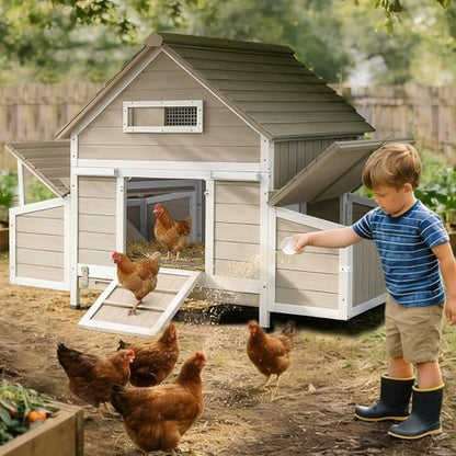 Ketive Large Chicken Coop for 2–4 Chickens Outdoor Poultry Cage Wooden Hen House with 6 Nesting Boxes, Reinforced Boxes, Dual Ramp Doors, Curved Wood Roof, Tray, Expandable (61.1"L x 38"W x 40.2"H) - size: 61.1"L x 38.0"W x 40.2"H