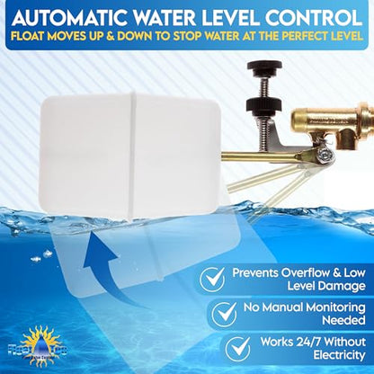 Float Tec EZ Adjust Brass Replacement Float Valve 3/8" NPT Male Threads with 3" arm for Autofill, Pools, Spas, Water fountains, Livestock Water Trough, Water Tanks Fits 8" Canister