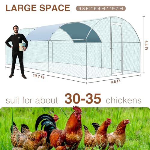 Large Metal Chicken Coop for 30-35 Chickens, Portable, Walk-in Chicken Run, Chicken Pen Outdoor W/Cover, Waterproof & Anti-UV, 19.7' D x 9.8' W x 6.4' H, Wire Mesh Poultry Cage for Yard - size: 236.2"L x 118.1"W x 76.8"H, style: Dome Roof