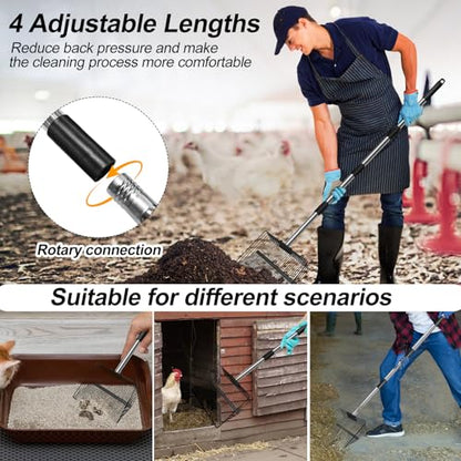 15 inch Large Chicken Poop Scooper for Poop With Glove 4 in 1 Multi-Func Heavy Duty Metal 25 to 74” Long Handle Chicken Coop Scoop Scooper for Sand Sifting Shovel for Chicken Coop Rake Cleaning Tools
