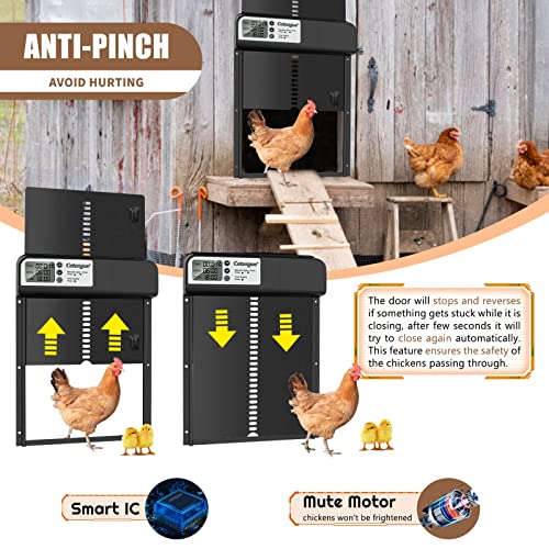 Automatic Chicken Coop Door, Cetasgue Chicken Door Opener with Timer, LCD Display, Battery Powered, Aluminum Door with Anti-Pinch Design, Non Light Sensor, Chicken Coop Accessories for Chicken Run
