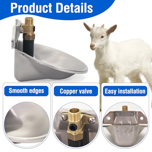 Stainless Steel Automatic Goat Waterer Livestock Sheep Water Bowl with Copper Valve and Drain Hole, Automatic Drinking Trough for Goat Sheep Calf Pig Dog (2pcs)