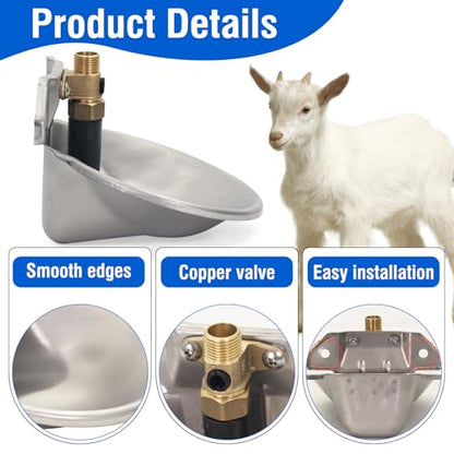 Stainless Steel Automatic Goat Waterer Livestock Sheep Water Bowl with Copper Valve and Drain Hole, Automatic Drinking Trough for Goat Sheep Calf Pig Dog (2pcs)