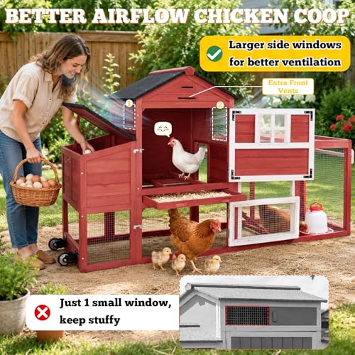 Portable Chicken Coop with Wheels Poultry Cage, Wooden Chicken Coop for 4-6 Chickens, Nesting Box, Pull-Out Tray, Ventilated Windows, Asphalt Weatherproof Roof, 81.5" Lx25.6 Wx44.1 H, Red - color: Red