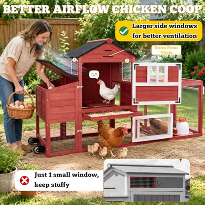 Portable Chicken Coop with Wheels Poultry Cage, Wooden Chicken Coop for 4-6 Chickens, Nesting Box, Pull-Out Tray, Ventilated Windows, Asphalt Weatherproof Roof, 81.5" Lx25.6 Wx44.1 H, Red - color: Red