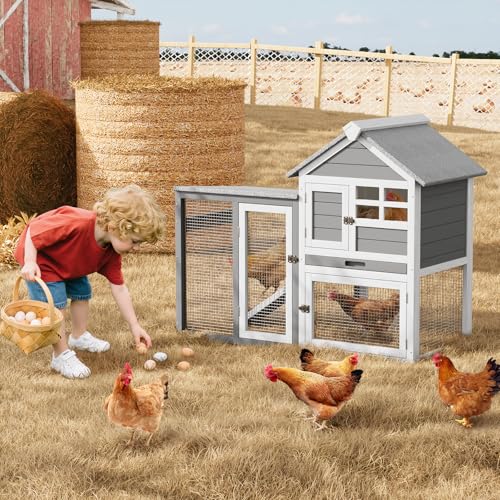 2-Story Rabbit Hutch, Small Wooden Chicken Coop, with Waterproof Roof, Pull Out Tray and Anti-Slip Ramp, Bunny Cage for Indoor Outdoor (45.28" L x 20.08" W x 36.61" H)