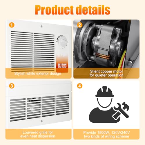 9815WH Large Capacity electric wall heater with Thermostat for Bedroom, Living Rooms, etc., Wall Heater 1500 Watt, 120/240 Volt, White