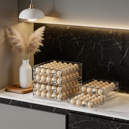 HIYOHIYO Clear 60 Grid Egg Organizer for Refrigerator with Drawers, 2-Tier | Large Capacity with Time Scale Marking | Sturdy Egg Storage for Fridge | Stackable Eggs Container for Fridge and Countertop - size: 60 Grids-2 Layer