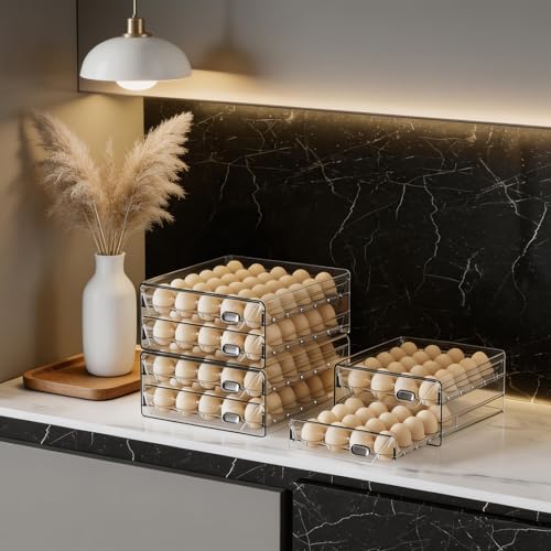 HIYOHIYO Clear 40 Grid Egg Holder for Fridge, with Drawers, 2-Tier | with Time Scale Marking | Large Capacity | Stackable | Sturdy Eggs Container for Refrigerator and Countertop - size: 40 Grids-2 Layer