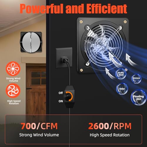 8 Inch Exhaust Fan with Speed Controller, 700CFM Wall Mount Exhaust Fan for Kitchen, Metal Ventilation Extractor Fan with Damper for Bathroom, Garage, Attic, Shop, Pet Room, Smoking Room, Basement - size: 8 Inch