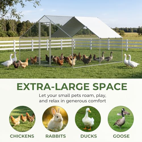 Large Chicken Coop Metal Walk-in Run 10.1' x 13' x 6.6', Heavy Duty Galvanized Steel Cage with Waterproof Cover, Secure Lock, Outdoor Pen Enclosure for Hens, Ducks, Rabbits