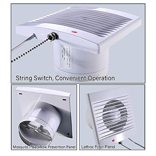 4 Inch Wall-Mounted Exhaust Fan, 12W Ventilation Extractor with Anti-backflow Check Valve Chain Switch for Window Duct Glass Grow Tent Bathroom Vents - 6"×6" Grid Panel - Small Size - size: Φ4 Inch with Rope Switch