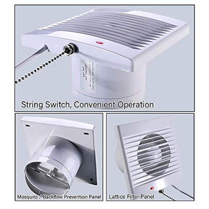 4 Inch Wall-Mounted Exhaust Fan, 12W Ventilation Extractor with Anti-backflow Check Valve Chain Switch for Window Duct Glass Grow Tent Bathroom Vents - 6"×6" Grid Panel - Small Size - size: Φ4 Inch with Rope Switch